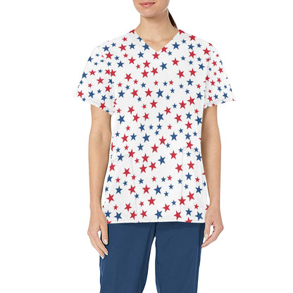 Red White Blue Stars Medical Scrubs Top Women, American USA Patriotic Ladies Female Plus Size Nursing Nurse Vet Veterinary Assistant Pockets - Starcove Fashion