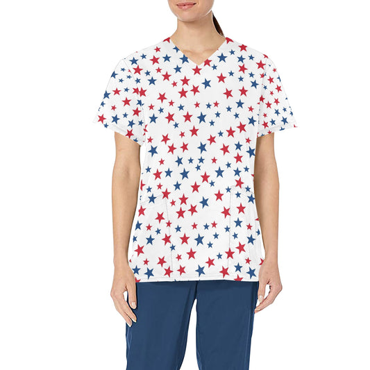 Red White Blue Stars Medical Scrubs Top Women, American USA Patriotic Ladies Female Plus Size Nursing Nurse Vet Veterinary Assistant Pockets