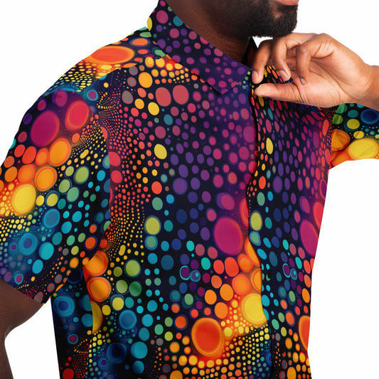 Psychedelic Men Button Up Shirt, Funky Purple Colorful Fun Retro Vibrant Dot Art Vintage Short Sleeve Festival Down Guys Collared Designer