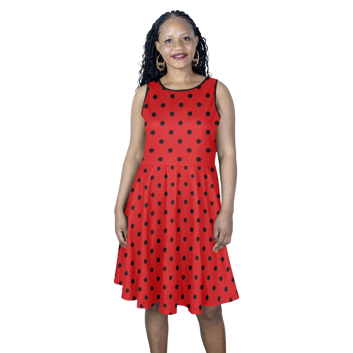 Red Black Polka Dots Midi Dress, Women Sleeveless Casual Cute Designer Elegant Plus Size Ladies Expansion Cocktail Party Summer Designer - Starcove Fashion