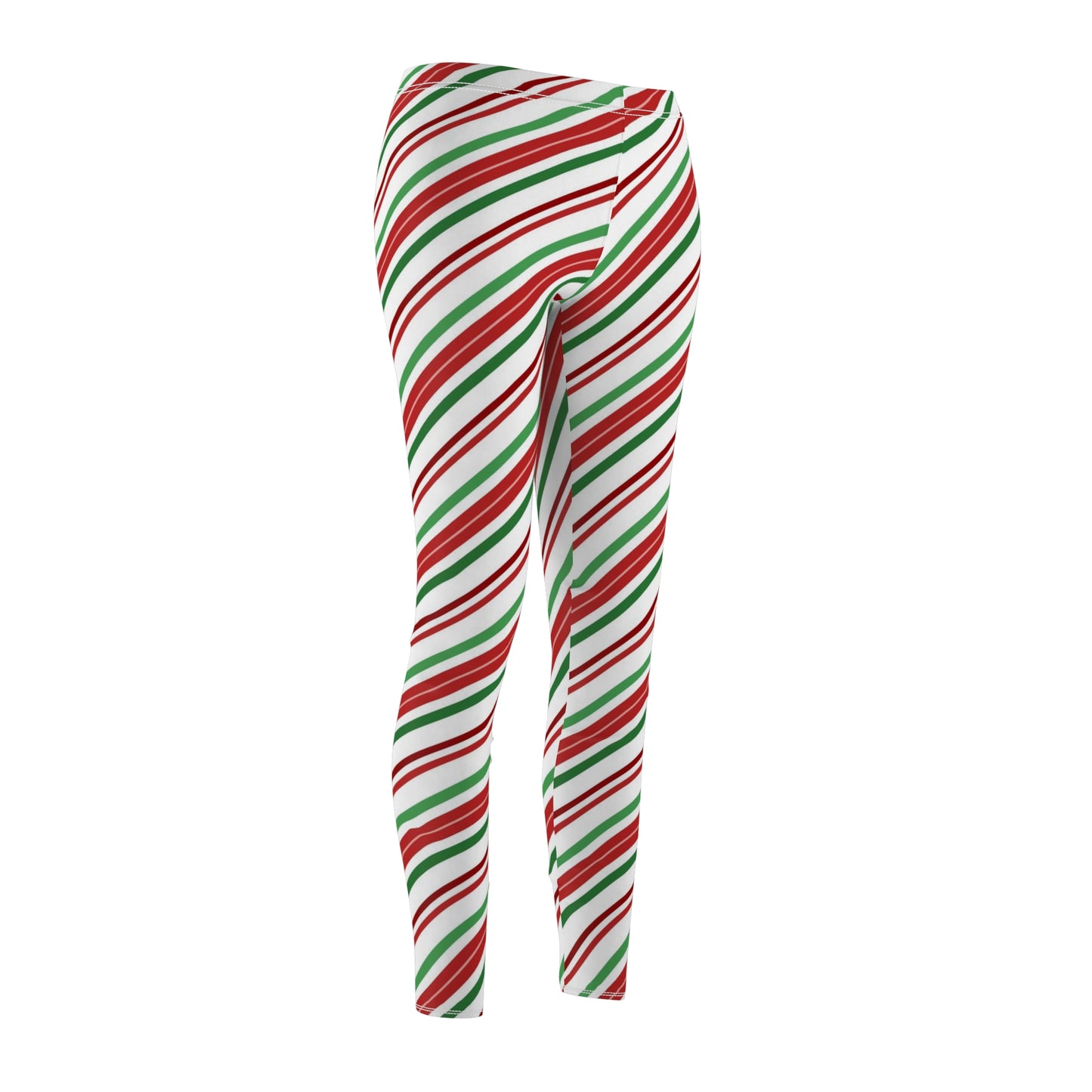 Candy Cane Christmas Leggings Women, Red White Green Striped Holiday Xmas Elf Costume Festive Peppermint Tights Fitted Ladies Yoga Pants