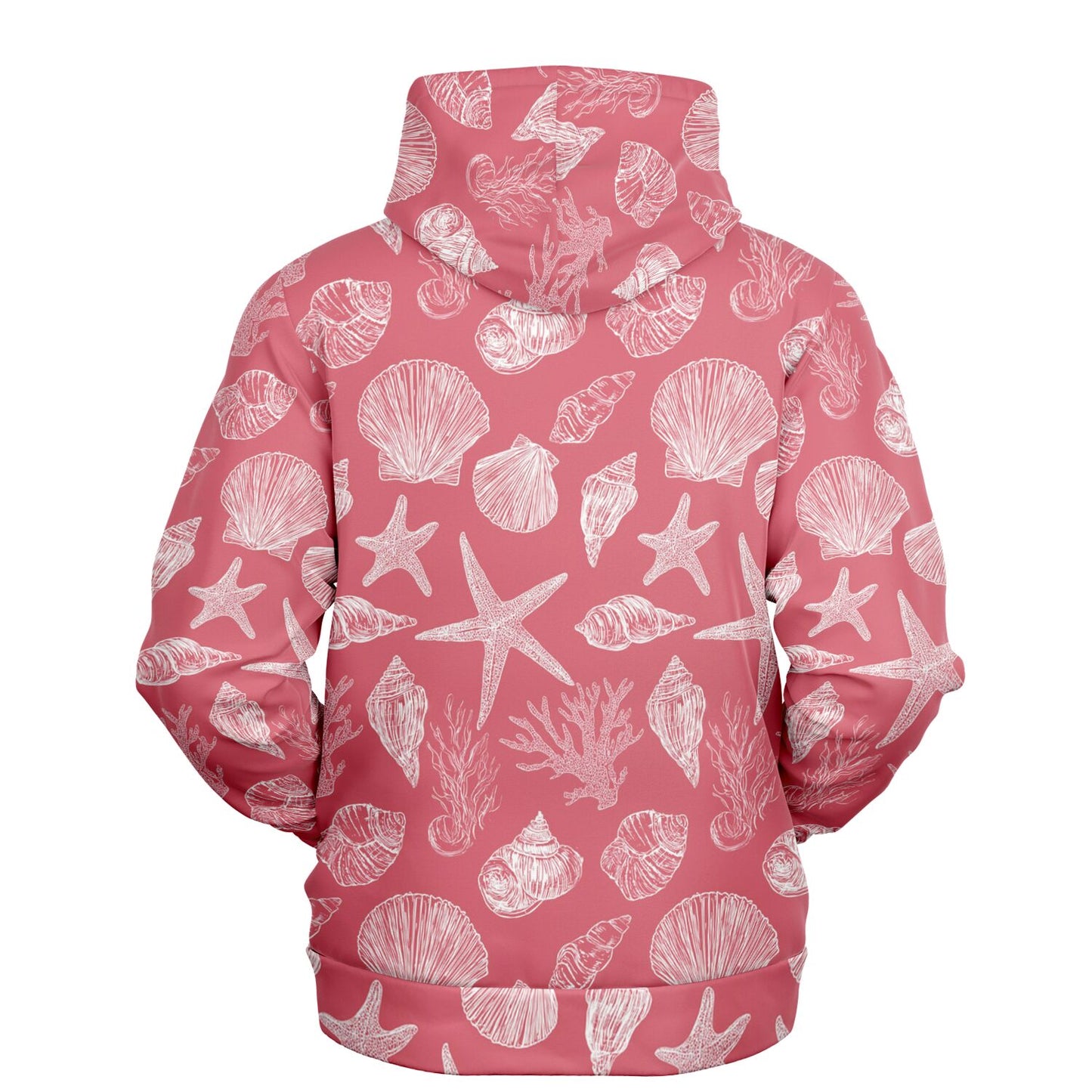 Coral Pink Beach Hoodie, Ocean Sea Shells Star Pullover Men Women Adult Graphic Cotton Hooded Sweatshirt with Pockets Designer Plus Size
