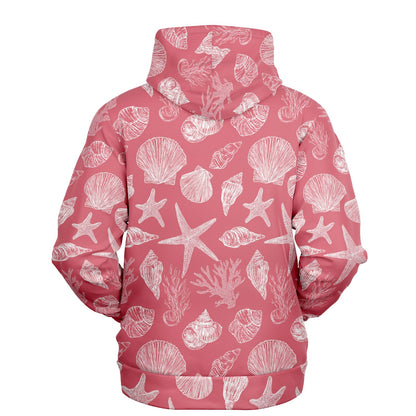 Coral Pink Beach Hoodie, Ocean Sea Shells Star Pullover Men Women Adult Graphic Cotton Hooded Sweatshirt with Pockets Designer Plus Size