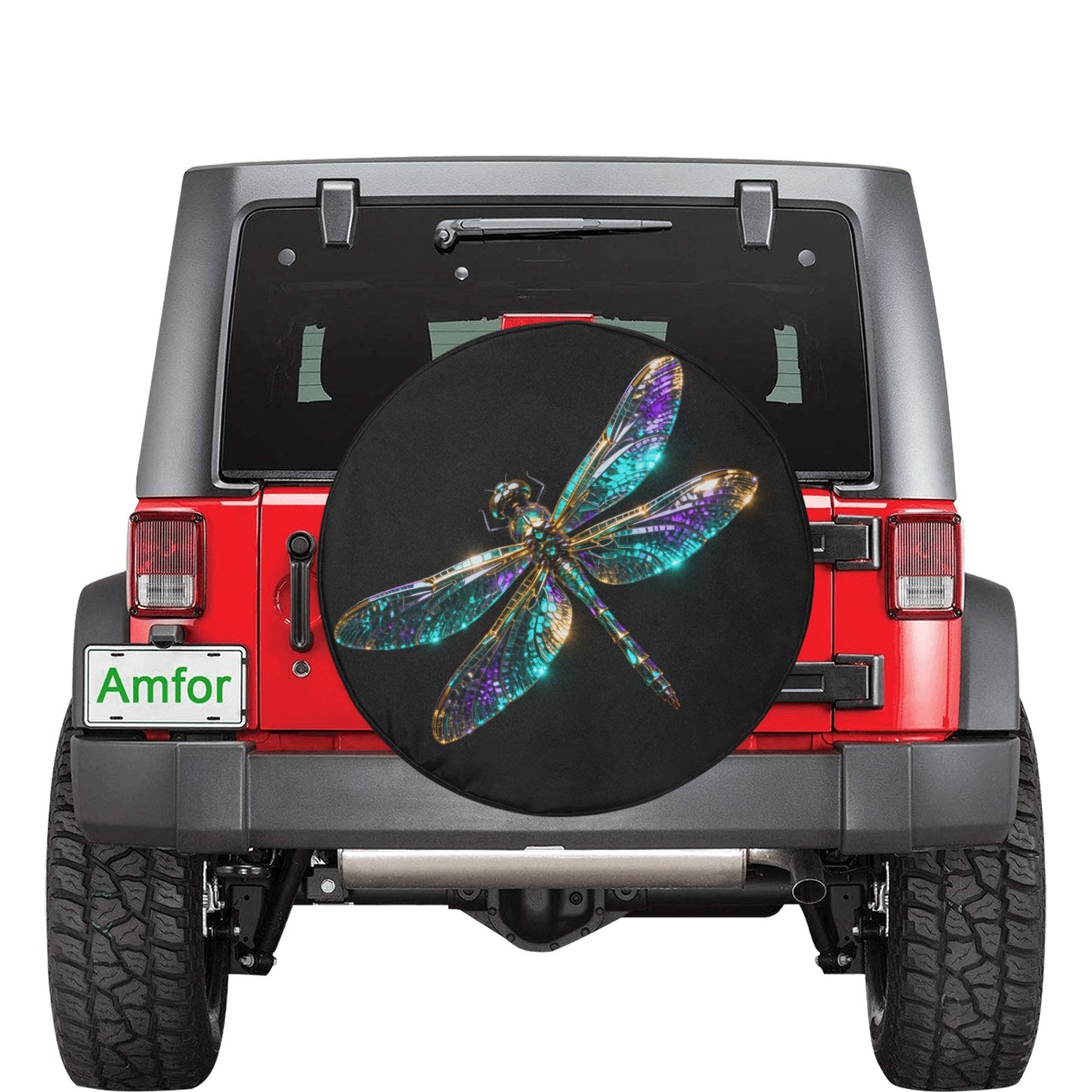 Dragonfly Spare Tire Cover, Insect Blue Purple Black Wheel Auto Back Up Camera Hole Rear Unique Design Motorhome Extra RV Trailer Camper
