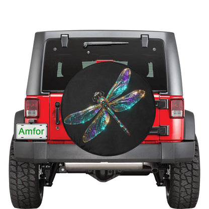 Dragonfly Spare Tire Cover, Insect Blue Purple Black Wheel Auto Back Up Camera Hole Rear Unique Design Motorhome Extra RV Trailer Camper