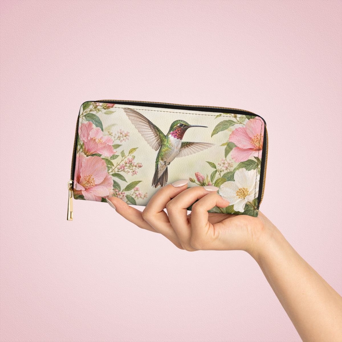 Hummingbird Leather Wallet Women, Floral Flowers Bird Vegan Zipper Zip Around Coins Credit Cards Pocket Cash Ladies Female Pouch Slim Purse