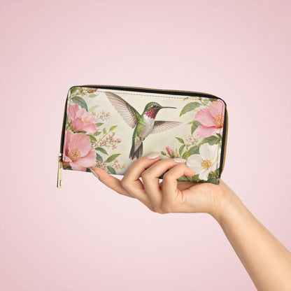 Hummingbird Leather Wallet Women, Floral Flowers Bird Vegan Zipper Zip Around Coins Credit Cards Pocket Cash Ladies Female Pouch Slim Purse