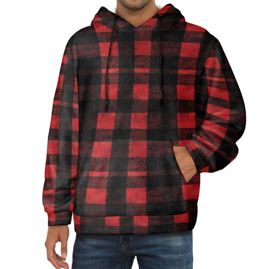 Red Black Buffalo Plaid Flannel Hoodie, Check Fleece Lined Heavyweight Pocket Men Women Unisex Aesthetic Graphic Hooded Sweatshirt Jacket