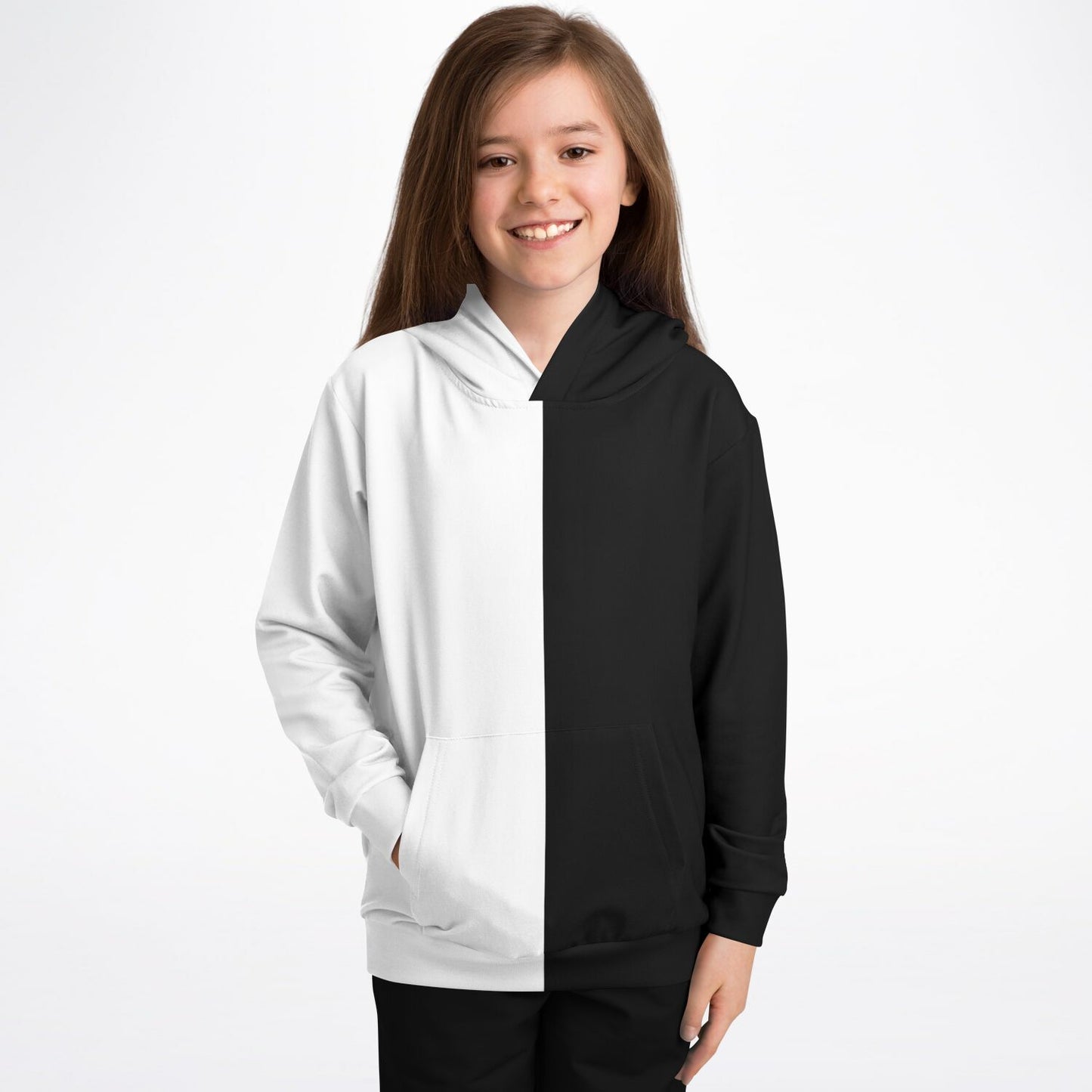 Half Black Half White Kids Pullover Hoodie, Two Tone Color Split Girls Boy Toddler Youth Children Fleece Cozy Cotton Hooded Sweatshirt Pockets