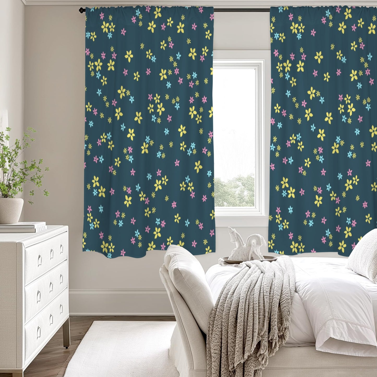 Green Yellow Floral Modern Window Curtain, Flowers Kitchen Living Room Bedroom Bathroom Fabric Rod Pocket Decor Housewarming Home 63 Inch