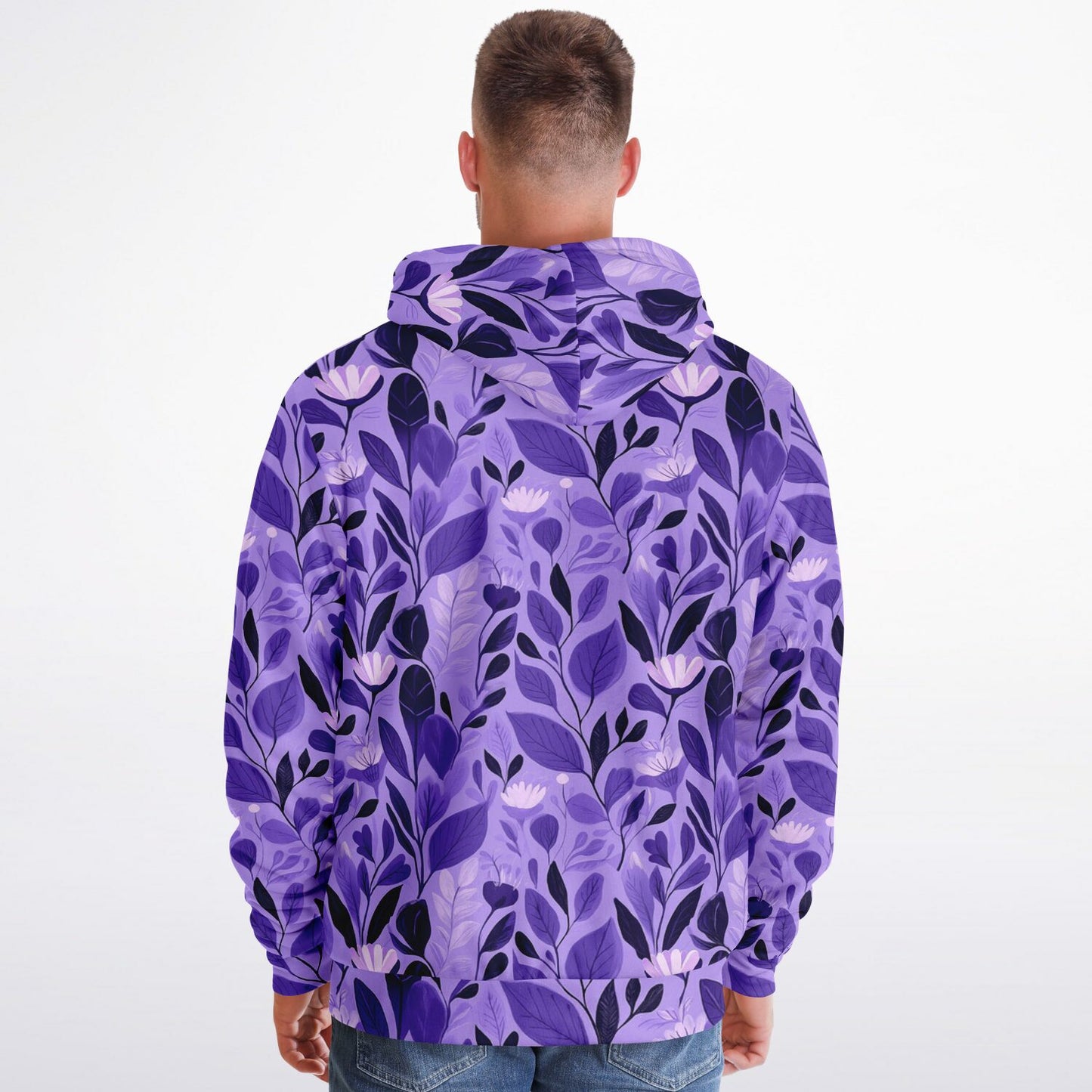 Purple Floral Zip Up Fleece Lined Hoodie, Flowers Heavyweight Full Zipper Pocket Men Women Unisex Aesthetic Graphic Hooded Sweatshirt Jacket