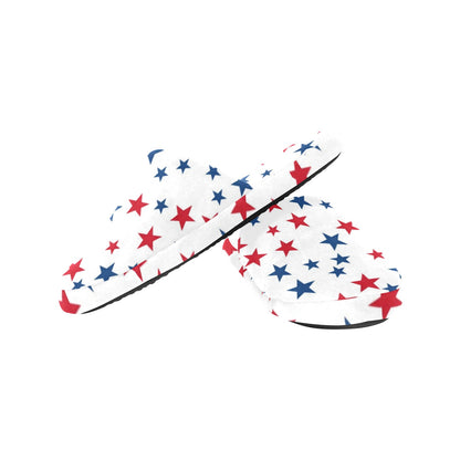 Red White Blue Stars Women's House Slide Slippers, Patriotic American USA Handmade Bedroom Cozy Winter Bedroom Shoes Gift for Her Loungewear