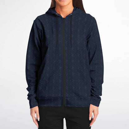 Navy Blue Zip Up Hoodie, Geometric Monogram Pattern Full Zipper Pocket Men Women Unisex Aesthetic Graphic Cotton Fleece Hooded Sweatshirt - Starcove Fashion