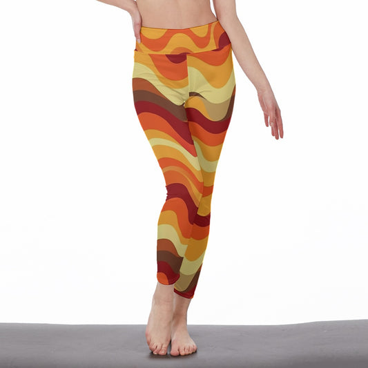 70s Orange Brown Yoga Leggings Women, Retro Vintage High Waisted Pants Cute Printed Graphic Workout Running Gym Designer Tights