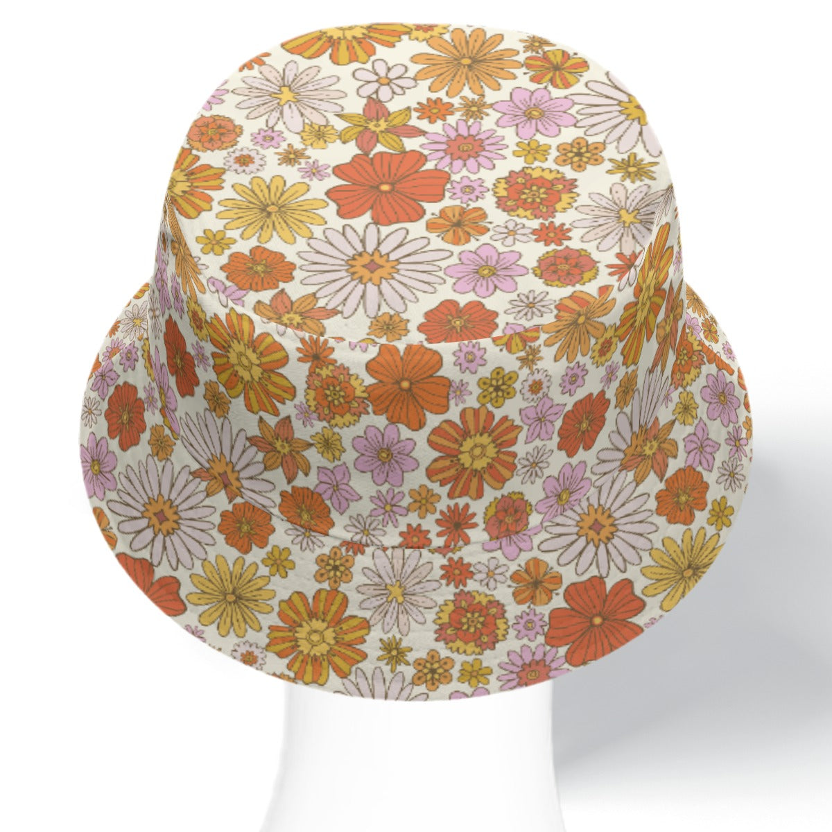 Pink Floral Bucket Cap Hat, Retro Vintage Orange Flowers 70s Print Beach Women Men Golf Summer Festival Designer Sun Shade Ladies - Starcove Fashion