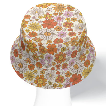 Pink Floral Bucket Cap Hat, Retro Vintage Orange Flowers 70s Print Beach Women Men Golf Summer Festival Designer Sun Shade Ladies - Starcove Fashion