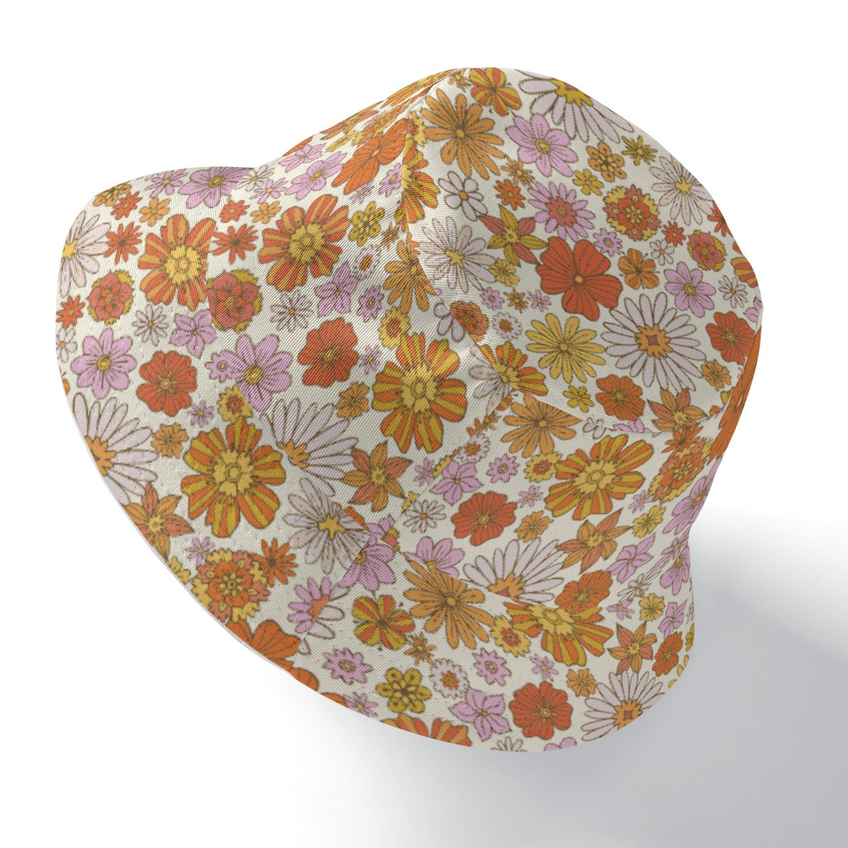 Pink Floral Bucket Cap Hat, Retro Vintage Orange Flowers 70s Print Beach Women Men Golf Summer Festival Designer Sun Shade Ladies - Starcove Fashion