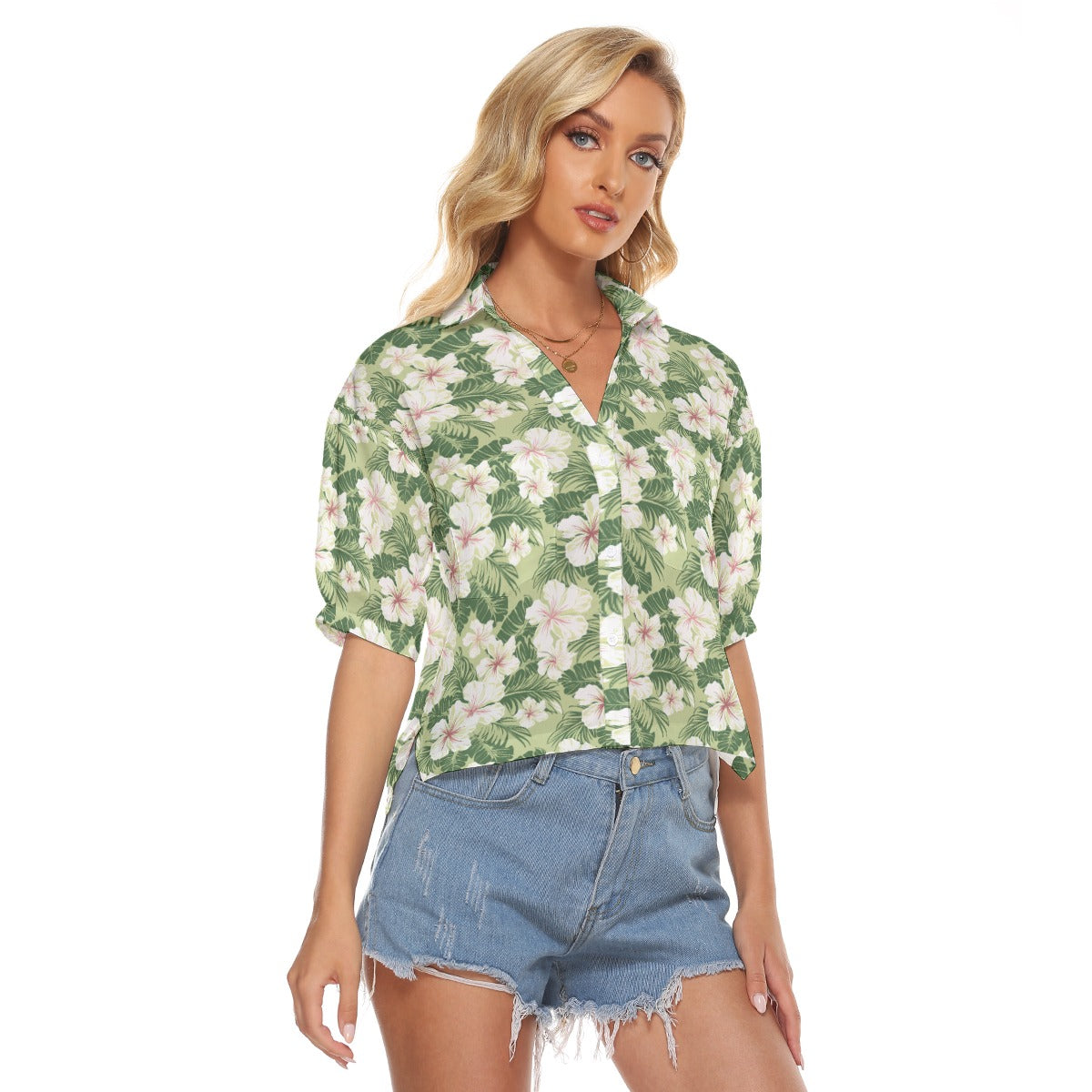 Tropical Hawaiian Women Button Up V-Neck Shirt, Floral Green Hibiscus Short Sleeve Casual Chest Pockets Ladies Collared Designer Blouse