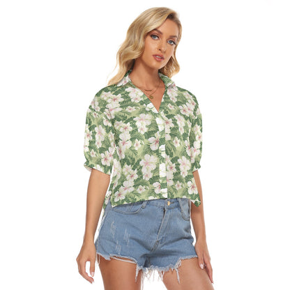 Tropical Hawaiian Women Button Up V-Neck Shirt, Floral Green Hibiscus Short Sleeve Casual Chest Pockets Ladies Collared Designer Blouse