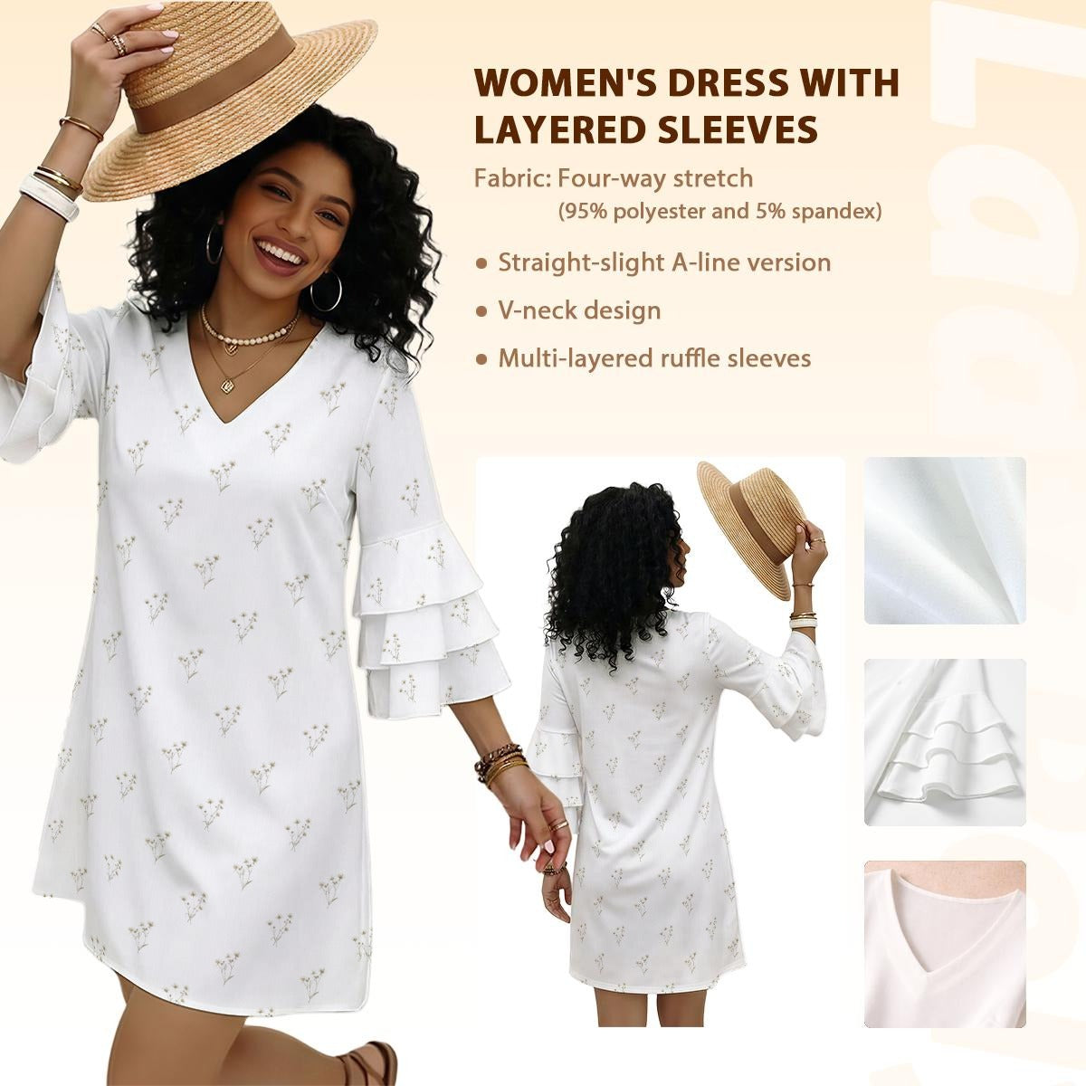 Woman wearing a white dress with layered sleeves, holding a straw hat, on a beige background.