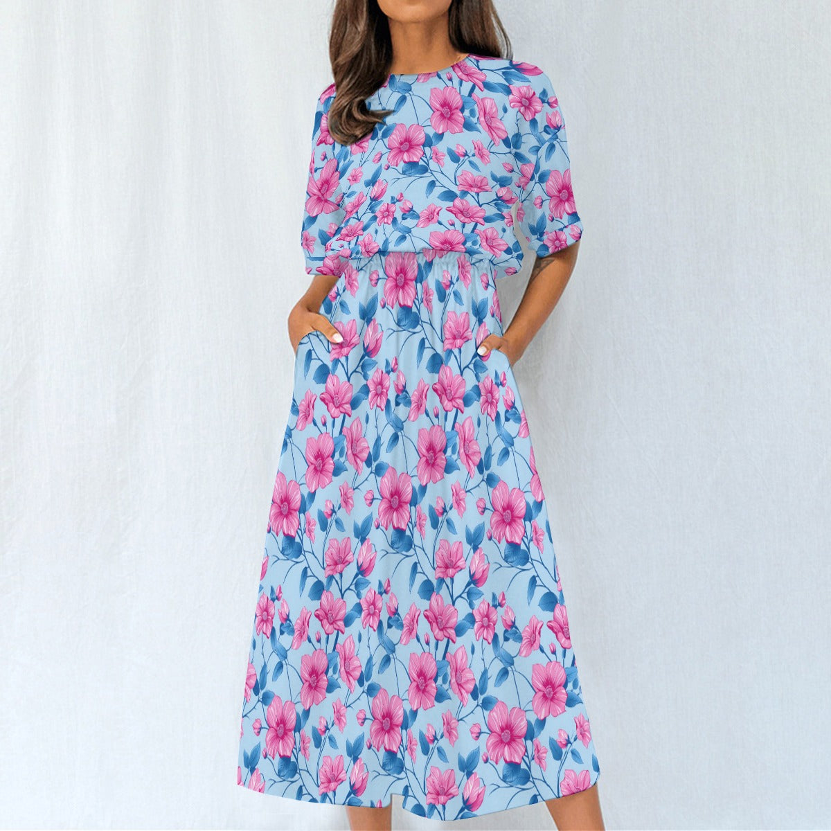 Pink Blue Floral Women Maxi Dress, Flowers Elastic Waist Long Ankle Length Short Sleeve 2XL / White