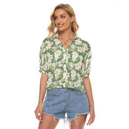 Tropical Hawaiian Women Button Up V-Neck Shirt, Floral Green Hibiscus Short Sleeve Casual Chest Pockets Ladies Collared Designer Blouse