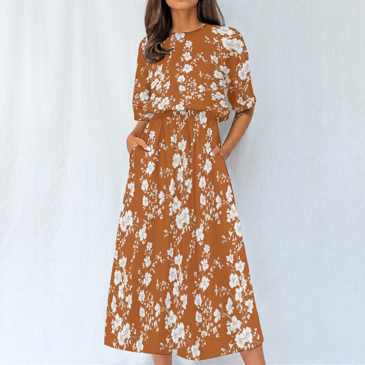 Women Maxi Dress, Elastic Waist Flowy Long Ankle Length Short Sleeve Pockets Boho Spring Summer Cute M / White