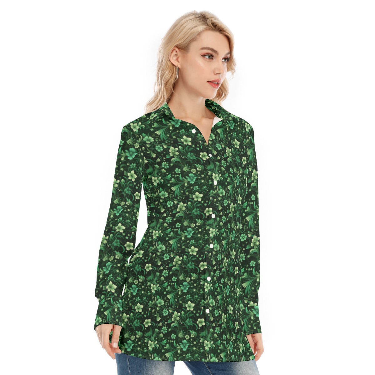 Emerald Green Floral Long Sleeve Shirt Women, Button Up Ladies Blouse Print Buttoned Down Collared XS / White Emerald Green Floral Long Sleeve Shirt Women, Button Up Ladies Blouse Print Buttoned Down Collared XS / White