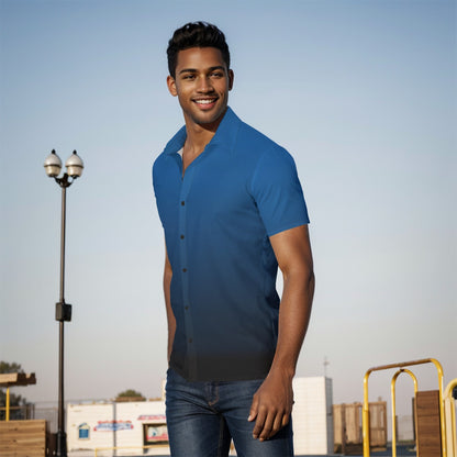 Blue Black Ombre Men Button Up Shirt, Tie Dye Gradient Short Sleeve Print Casual Buttoned Down Summer Male Guys Collared Designer Dress