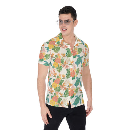 Hawaiian Sea Turtles Men Button Up Shirt, Floral Flowers Short Sleeve Print Casual Buttoned Down Summer Male Guys Collared Designer Dress
