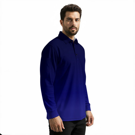 Navy Blue Ombre Men Long Sleeve Polo Shirt, Light Blue Gradient Slim Fit Sleeve Collared Shirt Casual Buttoned Down Up Sports Golf Tee Top
