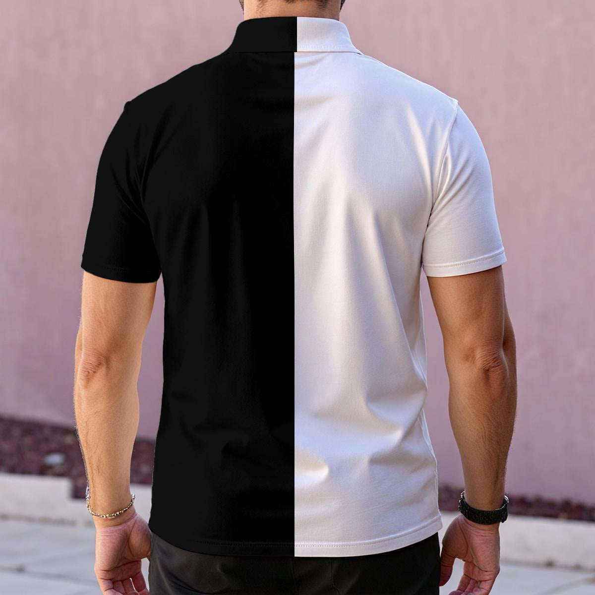 Half Black Half White Men Polo Shirt, Split Two Tone Color Block Golf Casual Summer Buttoned Down Up Collared Short Sleeve Sports Tshirt Tee