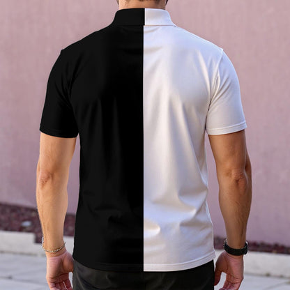 Half Black Half White Men Polo Shirt, Split Two Tone Color Block Golf Casual Summer Buttoned Down Up Collared Short Sleeve Sports Tshirt Tee