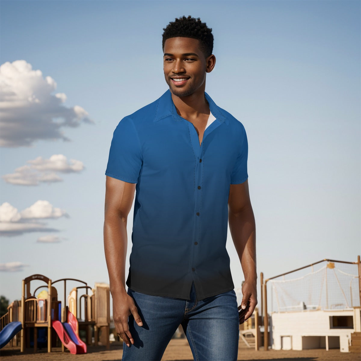 Blue Black Ombre Men Button Up Shirt, Tie Dye Gradient Short Sleeve Print Casual Buttoned Down Summer Male Guys Collared Designer Dress