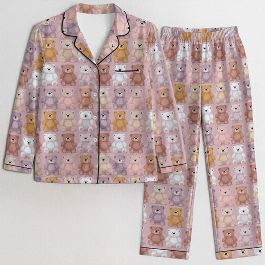 Pink Teddy Bear Women Pajamas Set, Cute Pastel Ladies Silk Sleepwear Long Sleeve Sleep Shirt Shorts Night Wear Plus Size Designer PJs Lounge