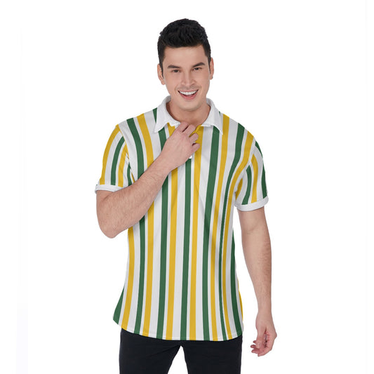 Striped Men Polo Shirt, Green White Yellow Stripes Tennis Golf Casual Summer Buttoned Down Up Collared Short Sleeve Sports Tshirt Tee Top