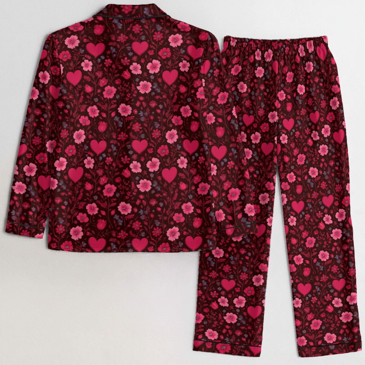 Red Pink Hearts Women Pajamas Set, Floral Flowers Valentine's Day Ladies Silk Sleepwear Long Sleeve Sleep Shirt Plus Size Designer PJs