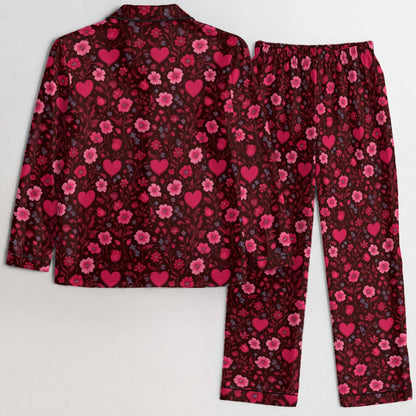 Red Pink Hearts Women Pajamas Set, Floral Flowers Valentine's Day Ladies Silk Sleepwear Long Sleeve Sleep Shirt Plus Size Designer PJs