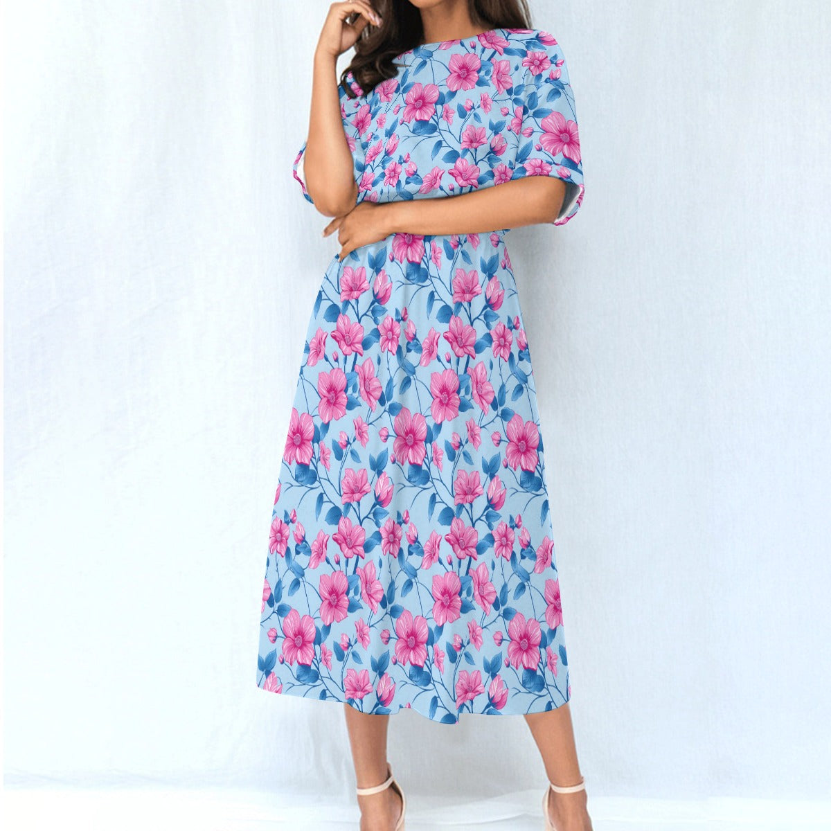 Pink Blue Floral Women Maxi Dress, Flowers Elastic Waist Long