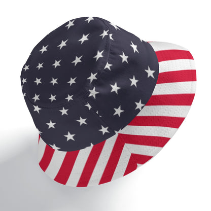 American Flag Bucket Cap Hat, Stars Stripes Red White Blue 4th of July Print Beach Women Men Golf Summer Festival Cute Designer Sun Shade