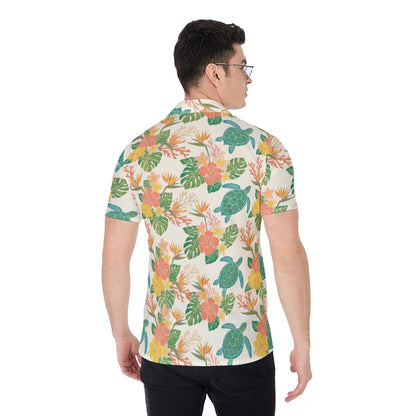 Hawaiian Sea Turtles Men Button Up Shirt, Floral Flowers Short Sleeve Print Casual Buttoned Down Summer Male Guys Collared Designer Dress