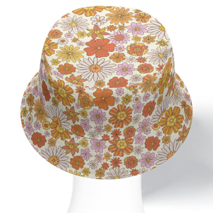Pink Floral Bucket Cap Hat, Retro Vintage Orange Flowers 70s Print Beach Women Men Golf Summer Festival Designer Sun Shade Ladies - Starcove Fashion
