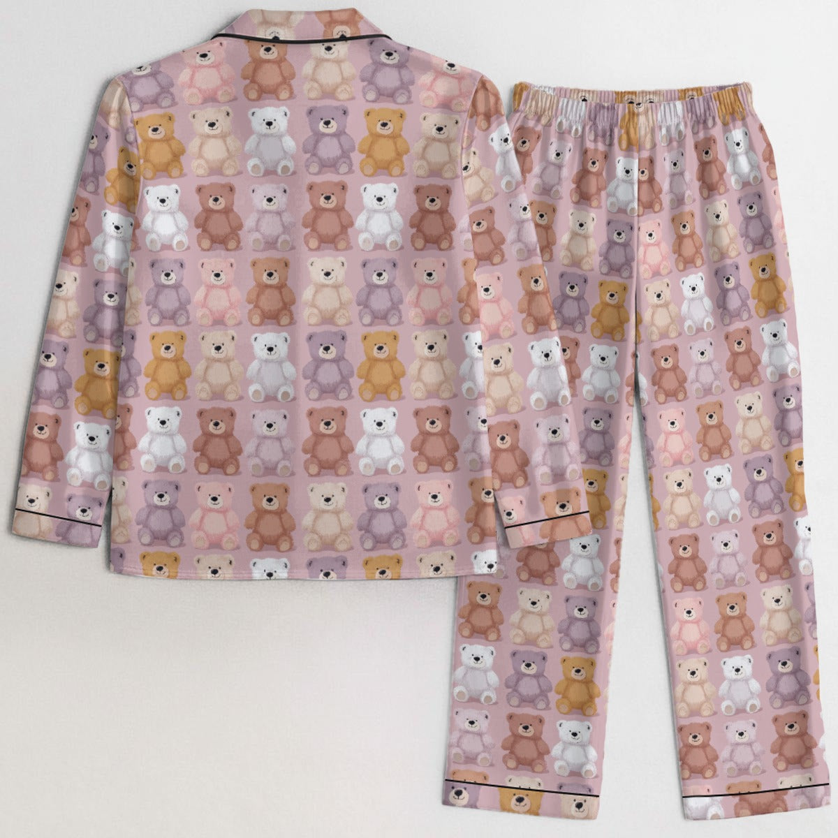 Pink Teddy Bear Women Pajamas Set, Cute Pastel Ladies Silk Sleepwear Long Sleeve Sleep Shirt Shorts Night Wear Plus Size Designer PJs Lounge