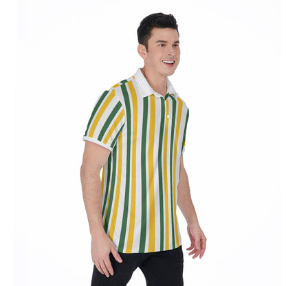 Striped Men Polo Shirt, Green White Yellow Stripes Tennis Golf Casual Summer Buttoned Down Up Collared Short Sleeve Sports Tshirt Tee Top
