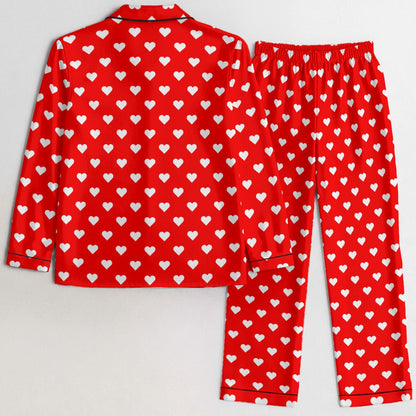 Red Hearts Women Pajamas Set, Valentine's Day Ladies Silk Sleepwear Long Sleeve Sleep Shirt Shorts Night Wear Plus Size Designer PJs Lounge