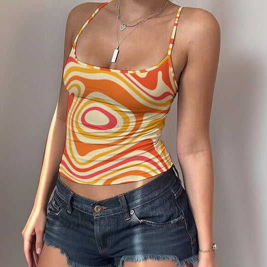 Orange Women's Spaghetti Strap Tank Crop Top, Festival Funky Lightweight Stretch Ladies Camisole Printed Graphic Casual Cami Adjustable