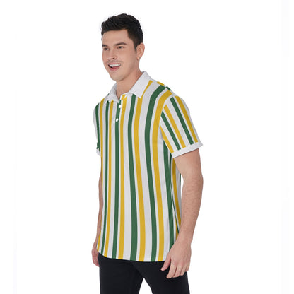 Striped Men Polo Shirt, Green White Yellow Stripes Tennis Golf Casual Summer Buttoned Down Up Collared Short Sleeve Sports Tshirt Tee Top