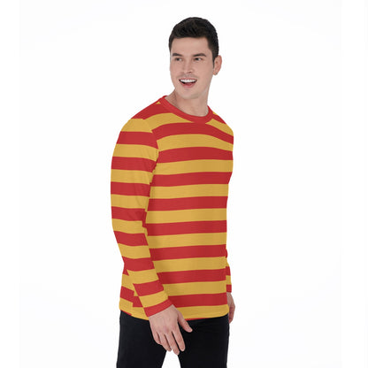 Red and Yellow Striped Men Long Sleeve Tshirt, Unisex Guys Women Designer Graphic Aesthetic Printed Crew Neck Tee Shirt