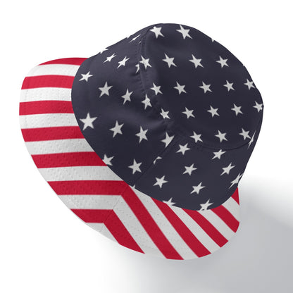 American Flag Bucket Cap Hat, Stars Stripes Red White Blue 4th of July Print Beach Women Men Golf Summer Festival Cute Designer Sun Shade