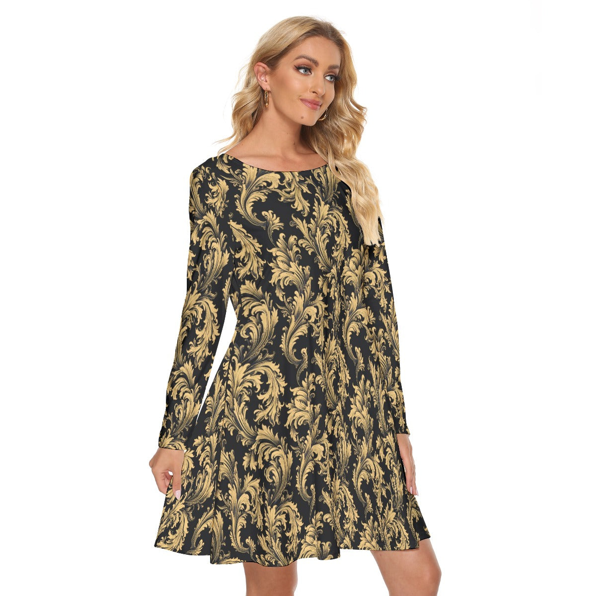 Baroque Black Gold Women's Crew Neck Dress Long Sleeve, Summer Cocktail Mini Cute Handmade 3XL / White